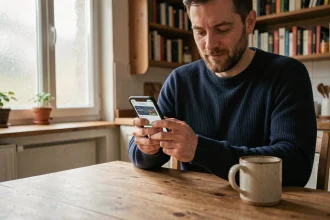 Homme consultant une application d'horaire de prière sur smartphone dans un appartement de Douai