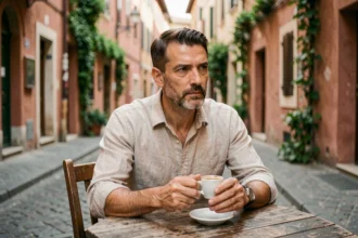 Homme contemplatif attablé dans un café européen, illustrant la philosophie carpe diem et la pleine conscience du moment présent