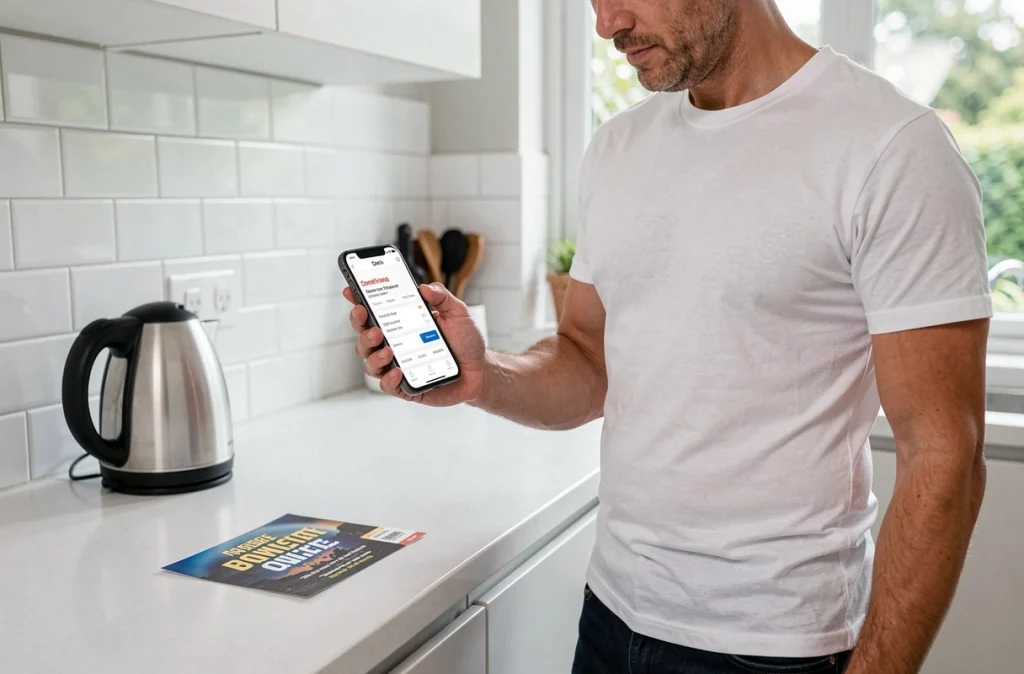 Homme consultant une application de revente de billet de concert sur son smartphone dans une cuisine