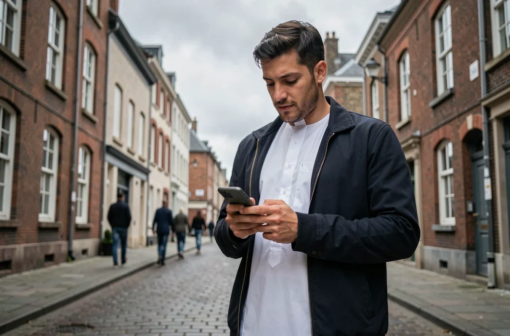 Homme en tenue traditionnelle consultant l'horaire de prière en temps réel sur smartphone dans une rue de Douai