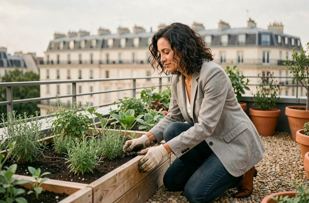 Femme entretenant un jardin partagé sur le toit d'une résidence en copropriété urbaine à Paris