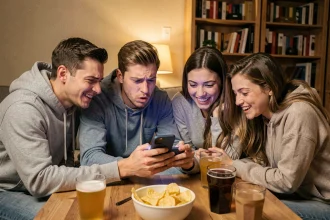 Groupe de jeunes adultes jouant au jeu de la bombe sur smartphone autour d'une table en bois lors d'une soirée jeux conviviale