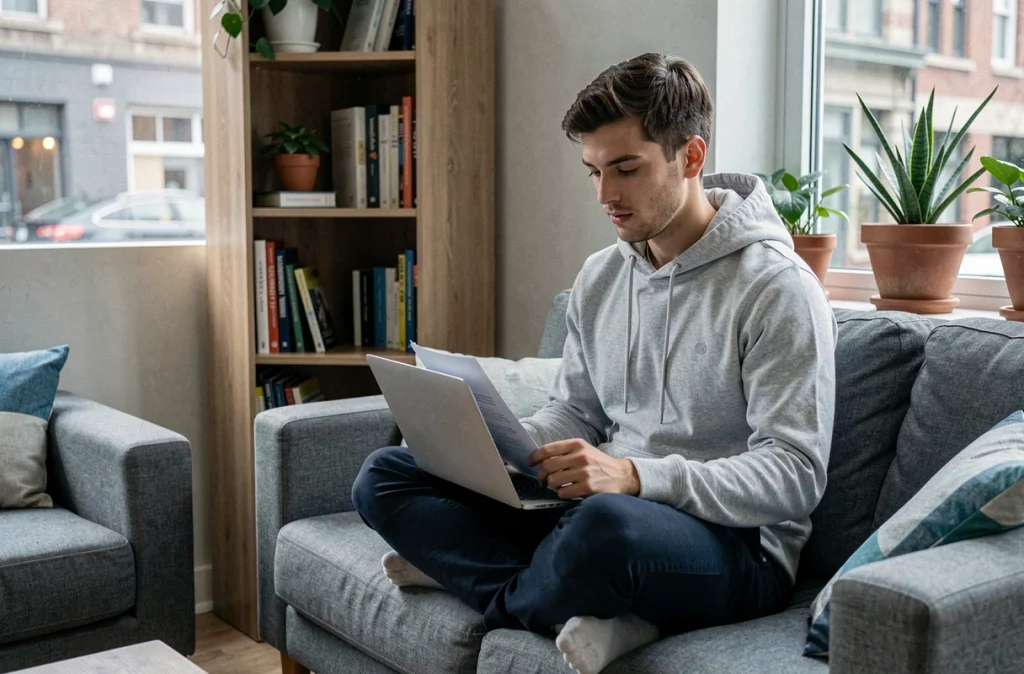 Jeune actif consultant son contrat de bail mobilité sur ordinateur portable dans un appartement meublé en ville