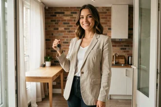 Jeune femme active tenant les clés de son appartement en bail mobilité à Paris, souriant dans l'embrasure de la porte d'un studio moderne