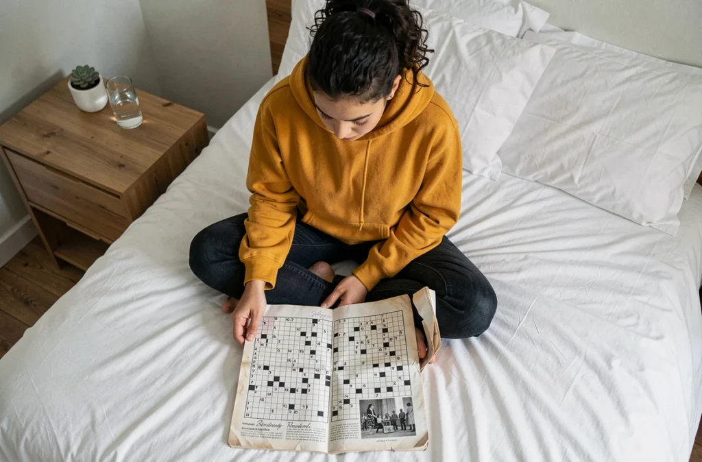 Jeune femme résolvant un magazine de mots fléchés posé sur un lit dans une chambre moderne