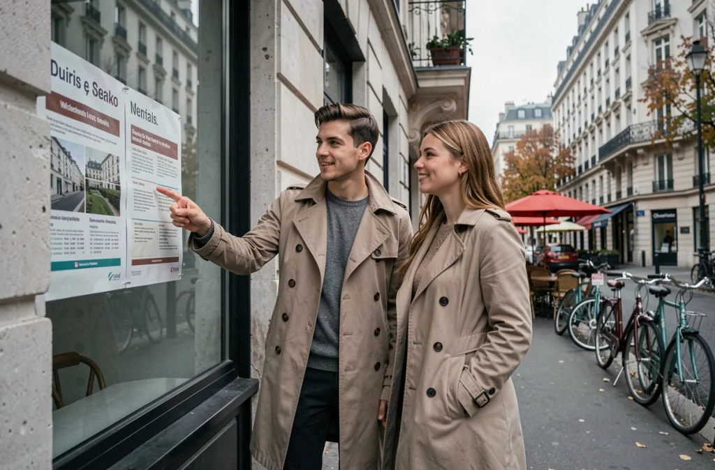 Deux jeunes actifs devant une agence immobilière examinant des offres de bail mobilité dans un quartier parisien