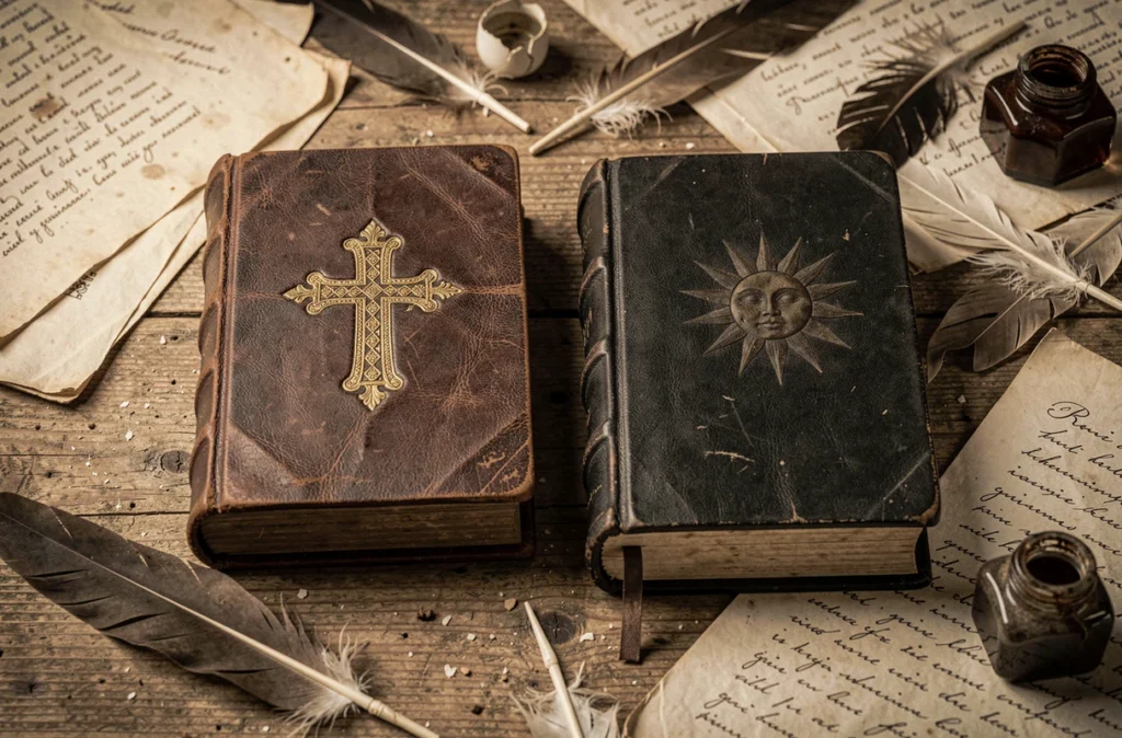 Deux livres anciens reliés en cuir symbolisant les philosophies opposées de Kierkegaard et Nietzsche, posés sur une table en bois avec des plumes et des manuscrits