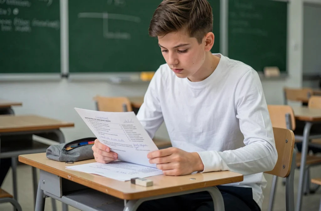 Lycéen annotant une fiche de révision sur les mots en 'oé' et 'oê' dans une salle de classe calme