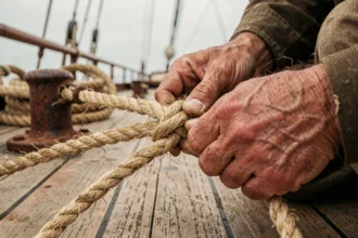 Mains de marin expérimenté nouant un cordage en chanvre sur le pont d'un voilier en bois