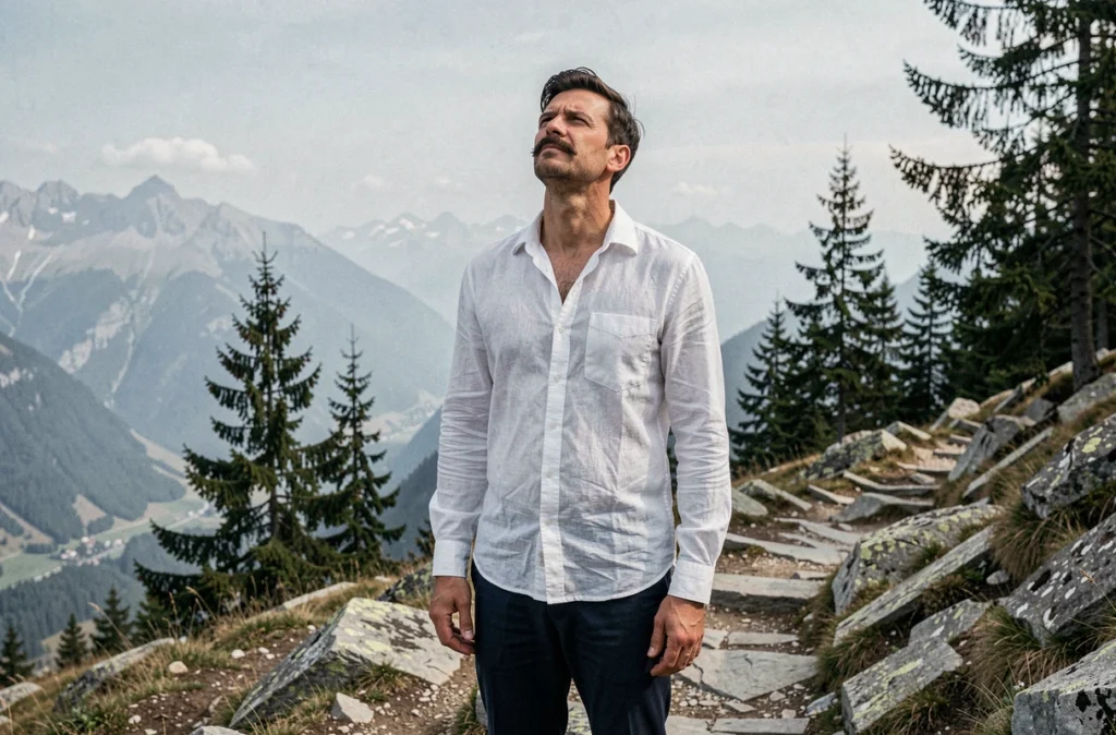 Homme évoquant Nietzsche debout sur un sentier alpin rocheux, posture défiante face à un paysage montagneux, illustration de la philosophie de la volonté de puissance