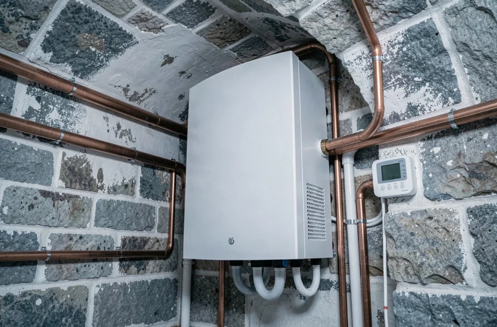 Pompe à chaleur moderne installée dans la cave voûtée en pierre d'un immeuble ancien de Bruxelles dans le cadre d'une rénovation énergétique