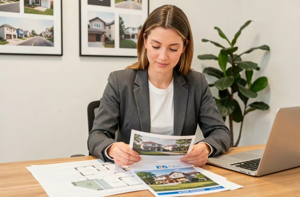 Femme primo-accédante étudiant des plans d'un logement neuf dans une agence immobilière