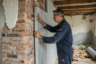 Technicien installant des panneaux d'isolation intérieure dans un appartement ancien de Bruxelles en cours de rénovation énergétique