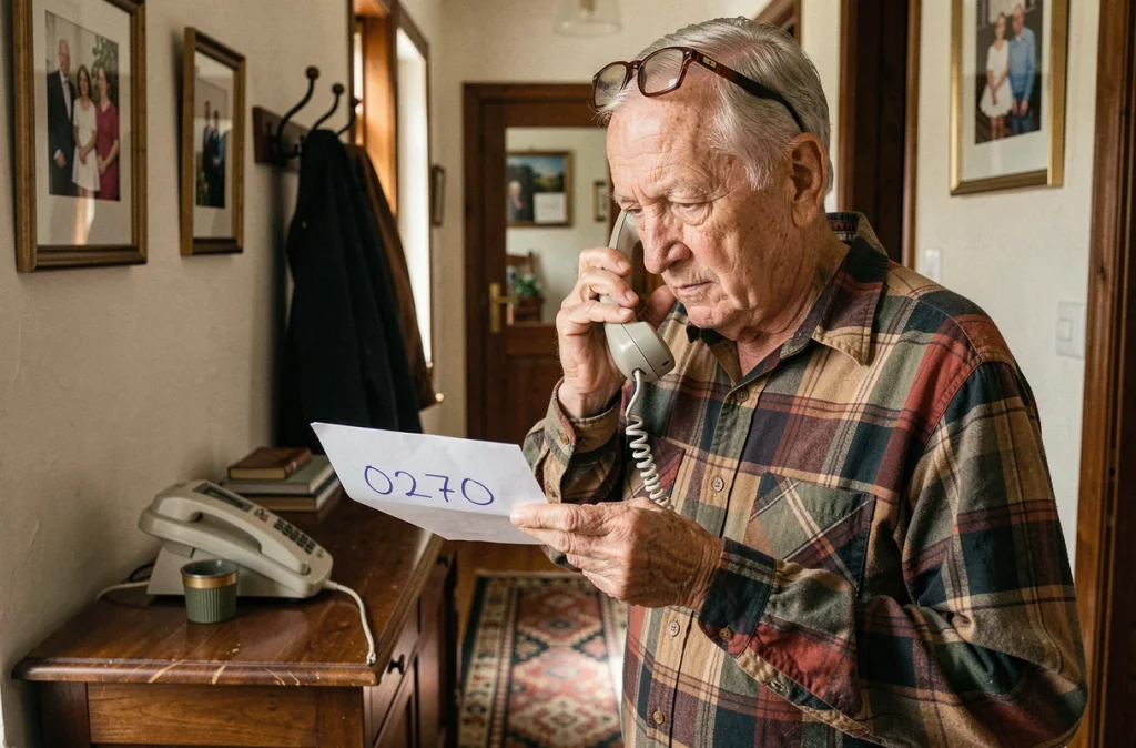 Homme âgé tenant un téléphone fixe et regardant avec méfiance le numéro 0270 noté sur un papier dans un couloir de maison
