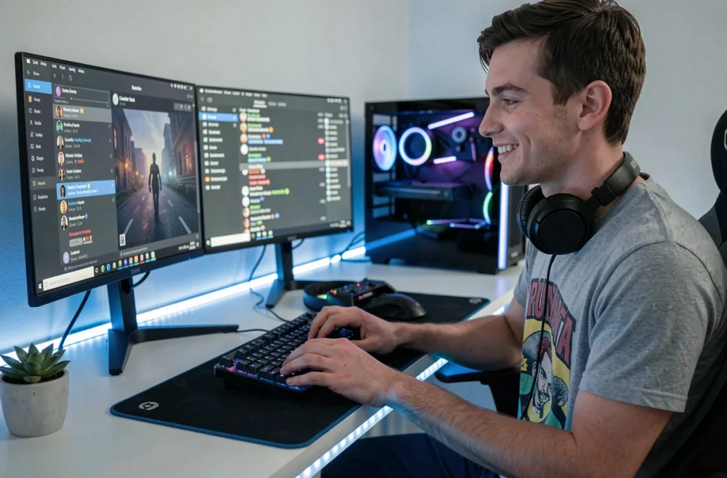 Jeune homme souriant sur un serveur Discord francophone pour jouer au jeu de la bombe en ligne depuis son bureau gaming