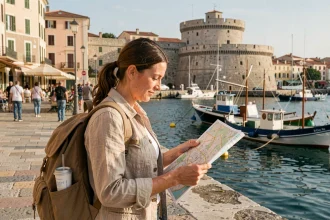 Touriste consultant une carte à pied du Vieux-Port de Marseille lors d'un week-end de découverte de la ville