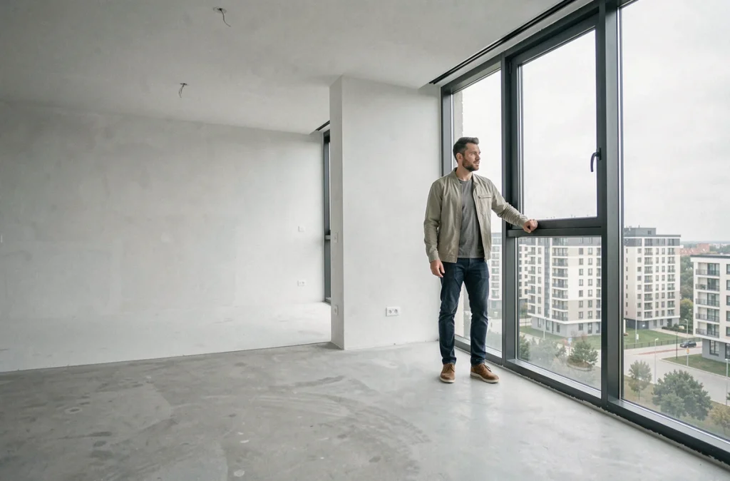 Jeune primo-accédant visitant un appartement neuf vide avec vue sur un quartier résidentiel moderne