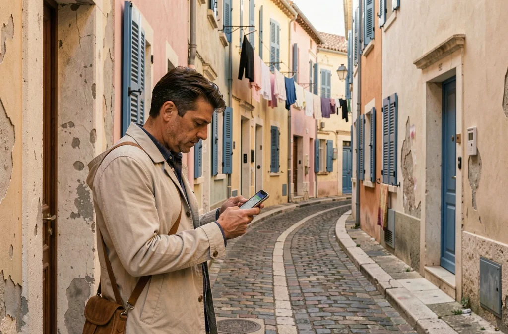 Voyageur vérifiant son itinéraire sur smartphone dans une ruelle du quartier du Panier à Marseille