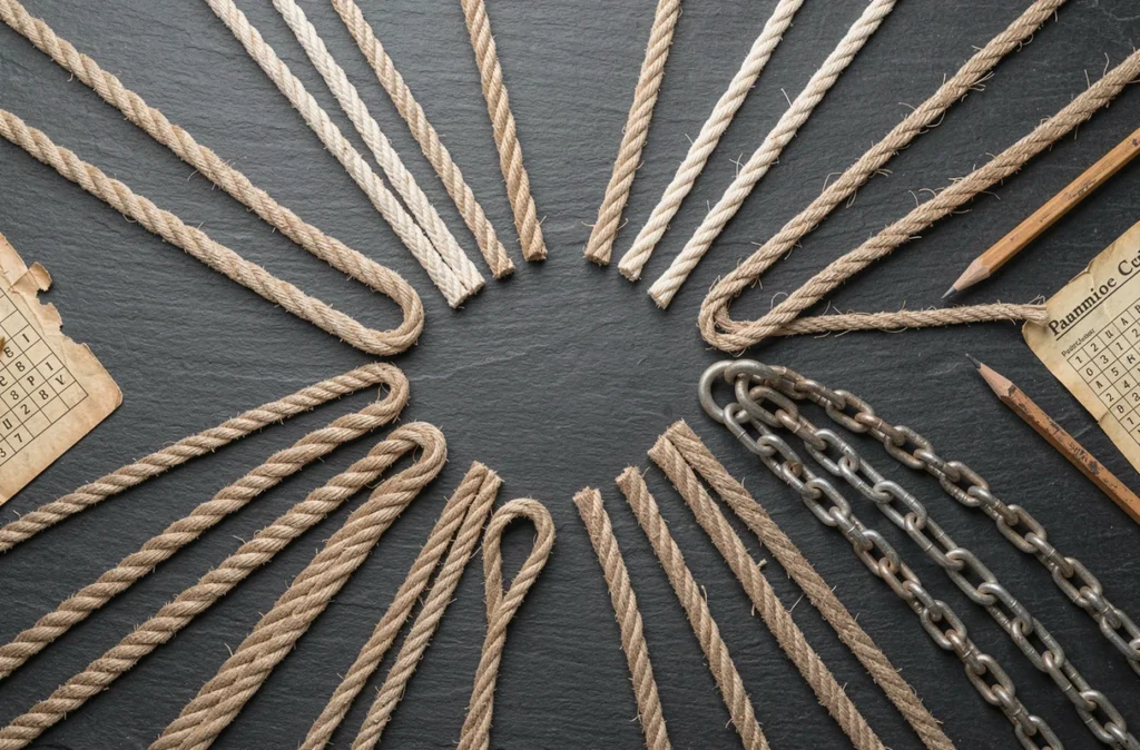 Vue aérienne de différents types de cordages et cordes disposés sur ardoise avec grille de mots croisés