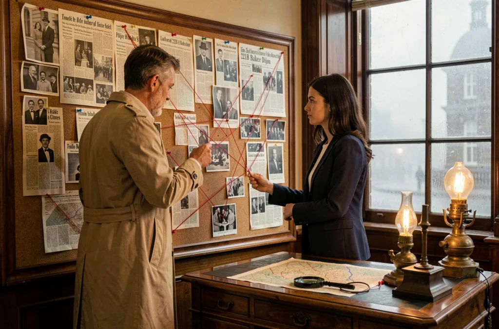 Deux joueurs analysant un tableau de preuves avec découpures et ficelle rouge dans la salle inspirée de Sherlock Holmes de l'escape game 221B Baker Street à Dijon