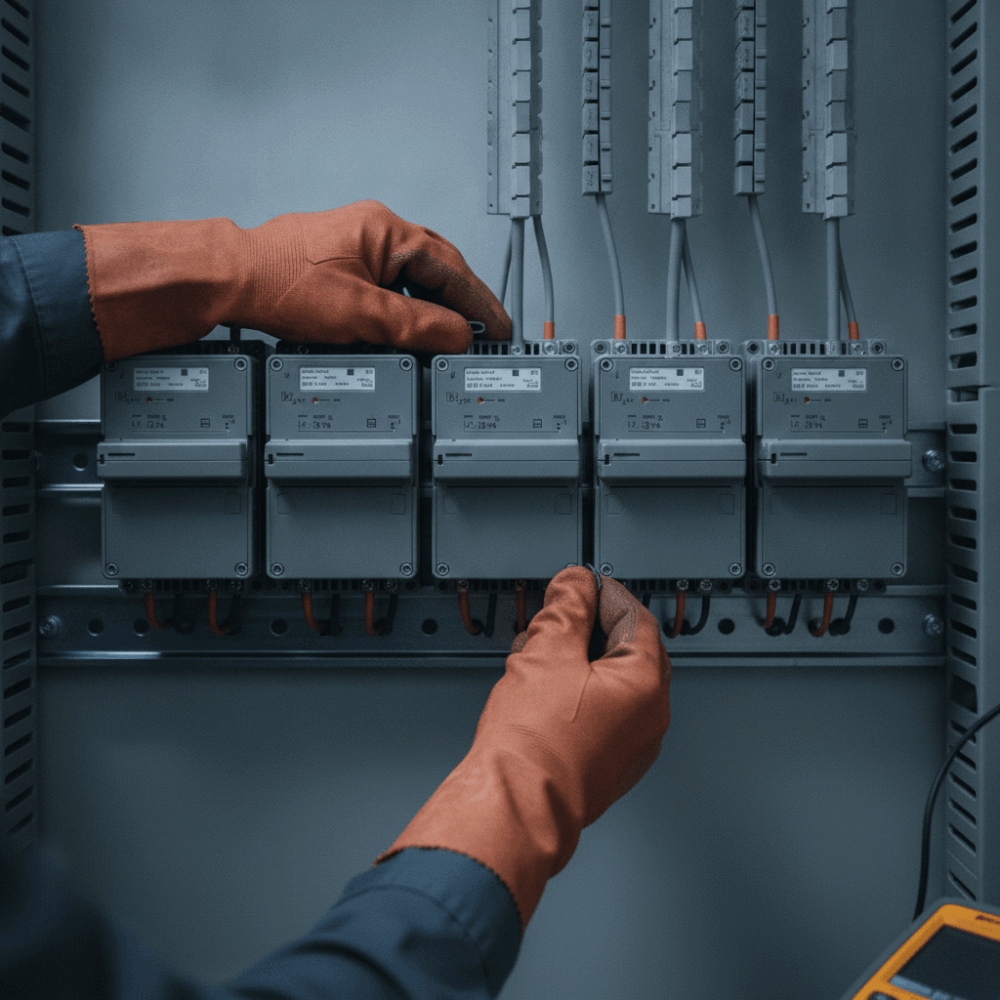 Technicien vérifiant l'installation de sous-compteurs énergétiques sur panneau électrique en local technique