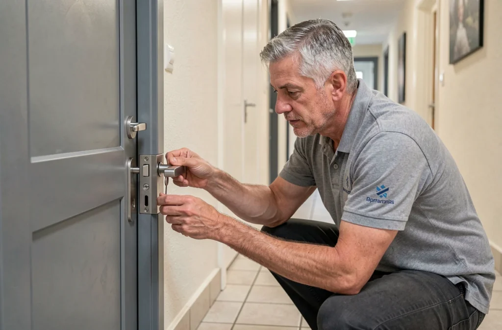 Serrurier AB Protection Fermetures posant une poignée renforcée sur une porte d'immeuble