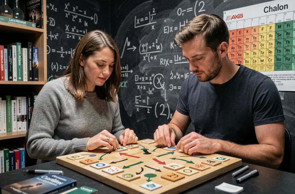 Deux joueurs déchiffrant un tableau de symboles et d'énigmes logiques dans la salle scientifique et académique de BRAIN l'escape game à Chalon