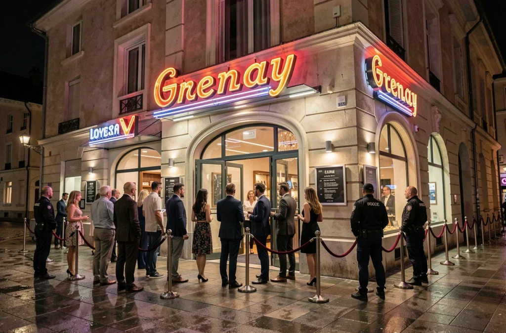 Entrée du César Palace, discothèque historique emblématique proche de Grenay en Isère