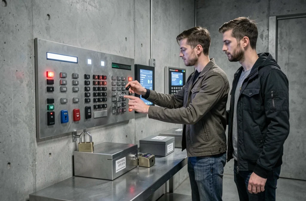 Deux joueurs résolvant un cadenas combiné sur un mur d'énigmes dans une salle d'escape game contemporaine et industrielle de Closed Escape Game dans le Doubs