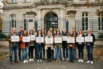 Enseignants en grève devant l'entrée d'une école primaire française avec pancartes manuscrites