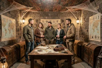 Groupe de joueurs adultes explorant une salle d'escape game mystérieuse avec coffres, cartes et symboles énigmatiques en Bourgogne-Franche-Comté
