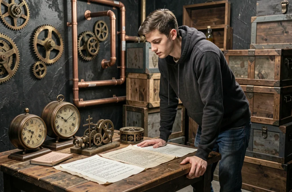 Joueur concentré résolvant des énigmes sur une table couverte de documents codés dans la salle steampunk de Fug Game à Besançon