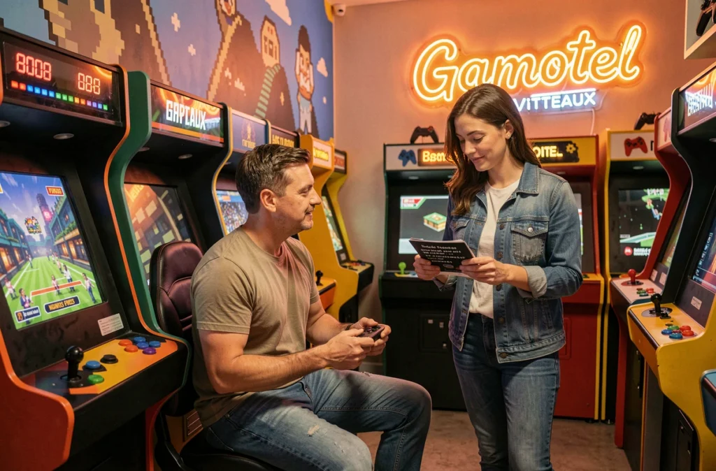 Joueurs interagissant avec des bornes d'arcade rétro et des indices codés dans la salle à thème jeux vidéo de Gamotel escape game à Vitteaux