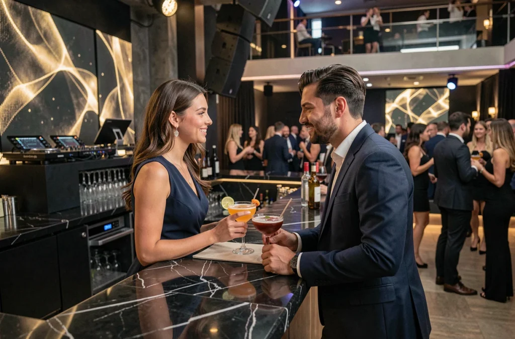Couple élégant au bar du Georges-V, club de référence à Grenoble