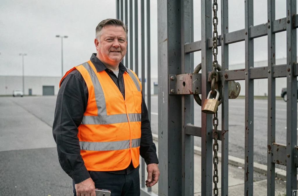 Serrurier JM Lebrun Industrie sécurisant un portail de site logistique avec cadenas lourd