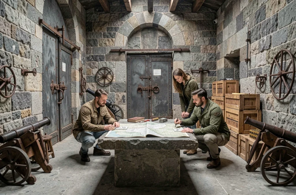 Trois joueurs résolvant des énigmes militaires dans une salle de forteresse reconstituée avec murs en pierre et accessoires d'artillerie ancienne à La Clé du Bastion à Belfort
