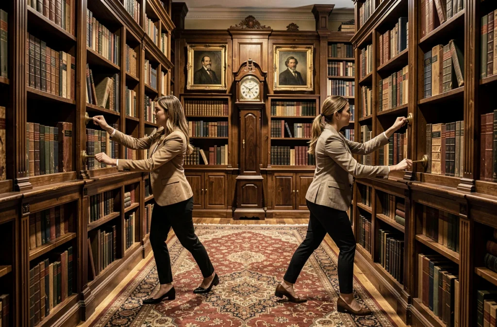 Deux joueuses explorant une salle de bibliothèque victorienne avec des étagères remplies de livres anciens lors d'une session à La Onzième Heure à Dijon
