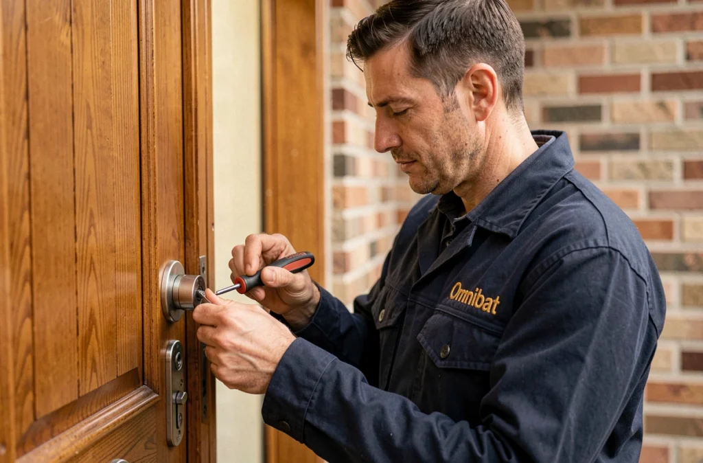Technicien Omnibat installant un cylindre haute sécurité sur une porte résidentielle