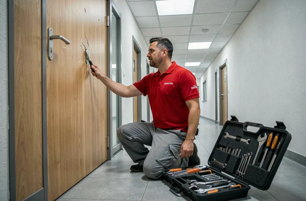 Serrurier du réseau Ou Serrurier intervenant en urgence sur une serrure cassée dans un couloir d'immeuble
