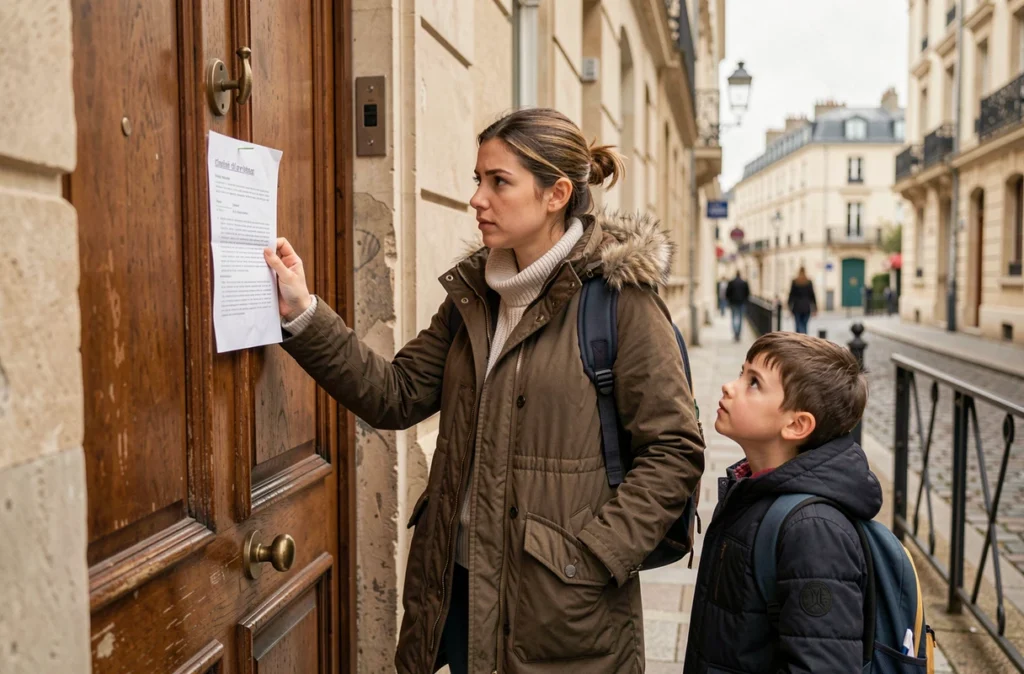 Mère et enfant devant une école fermée lisant un avis de grève collé sur la porte