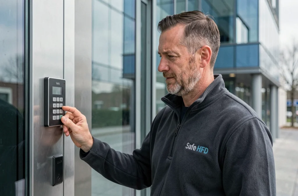 Technicien Safe HDF testant un système de contrôle d'accès électronique à l'entrée d'un bâtiment professionnel