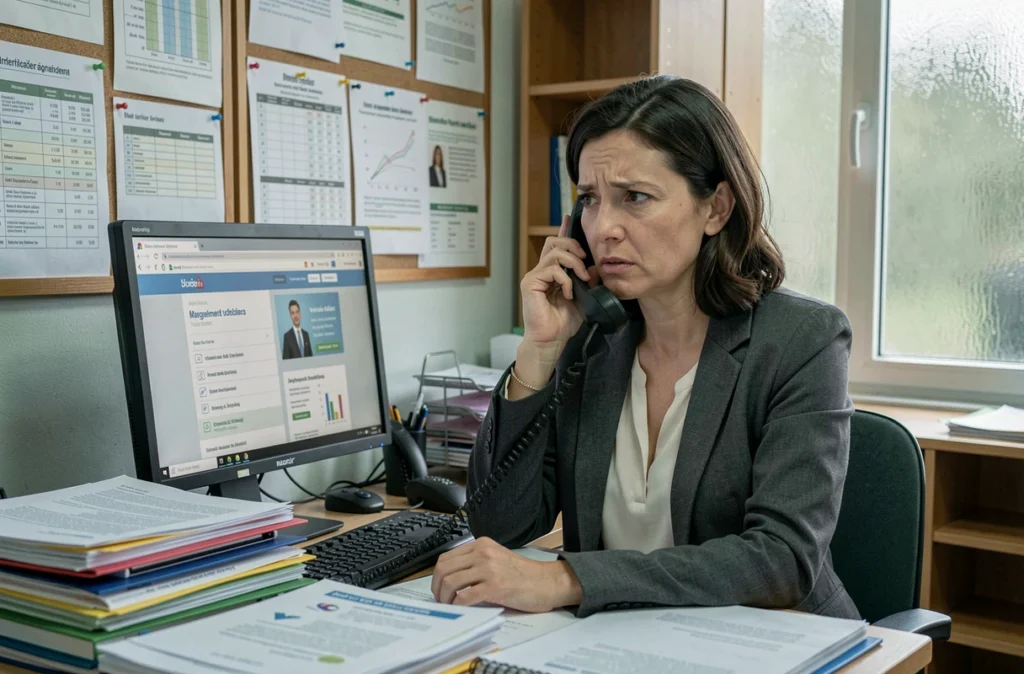 Secrétaire d'école au téléphone vérifiant les informations sur la grève scolaire depuis son bureau