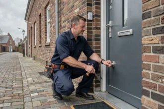Serrurier professionnel intervenant sur une porte d'entrée dans le Pas-de-Calais