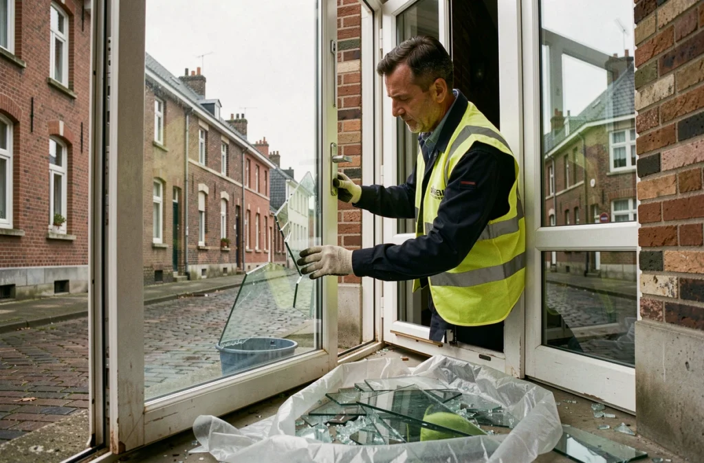 Serrurier vitrier HDF retirant un panneau de verre brisé d'une porte d'entrée résidentielle