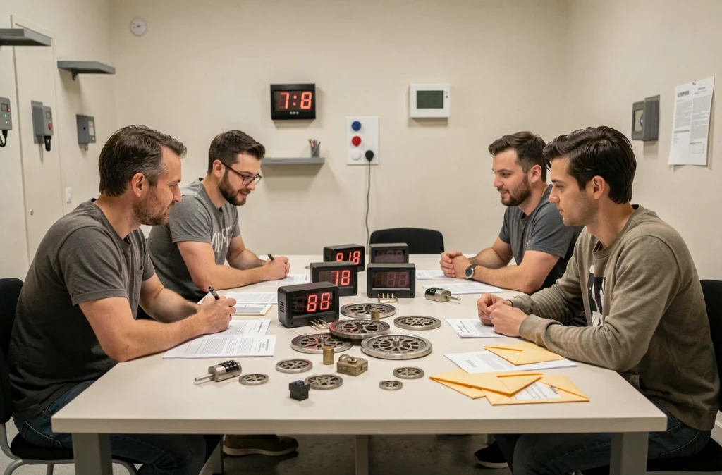 Groupe de quatre joueurs autour d'une table avec chronomètres digitaux, cadenas et indices scellés dans la salle épurée de Timing Room Escape Game à Chalon-sur-Saône