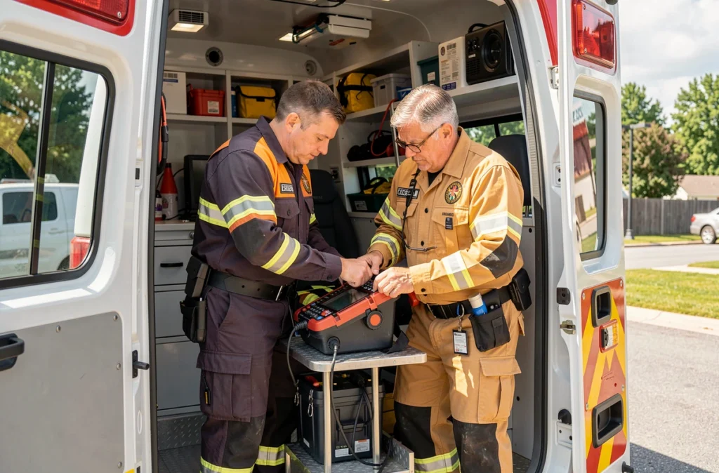 Ambulanciers vérifiant le matériel à l'arrière d'une ambulance