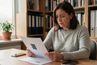 Femme consultant un document sur la confidentialité de son numéro de téléphone en Suisse dans un bureau à domicile