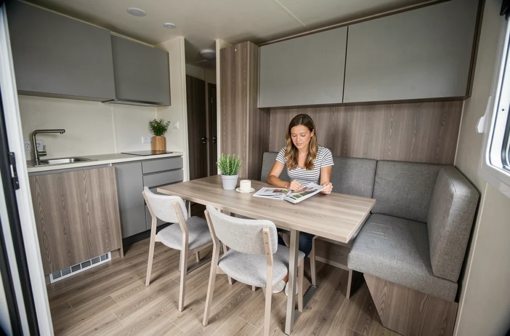 Intérieur moderne d'un mobil-home haut de gamme de fabrication française avec cuisine équipée et espace salon