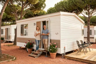 Couple devant un mobil-home de marque française dans un camping provençal entouré de pins méditerranéens