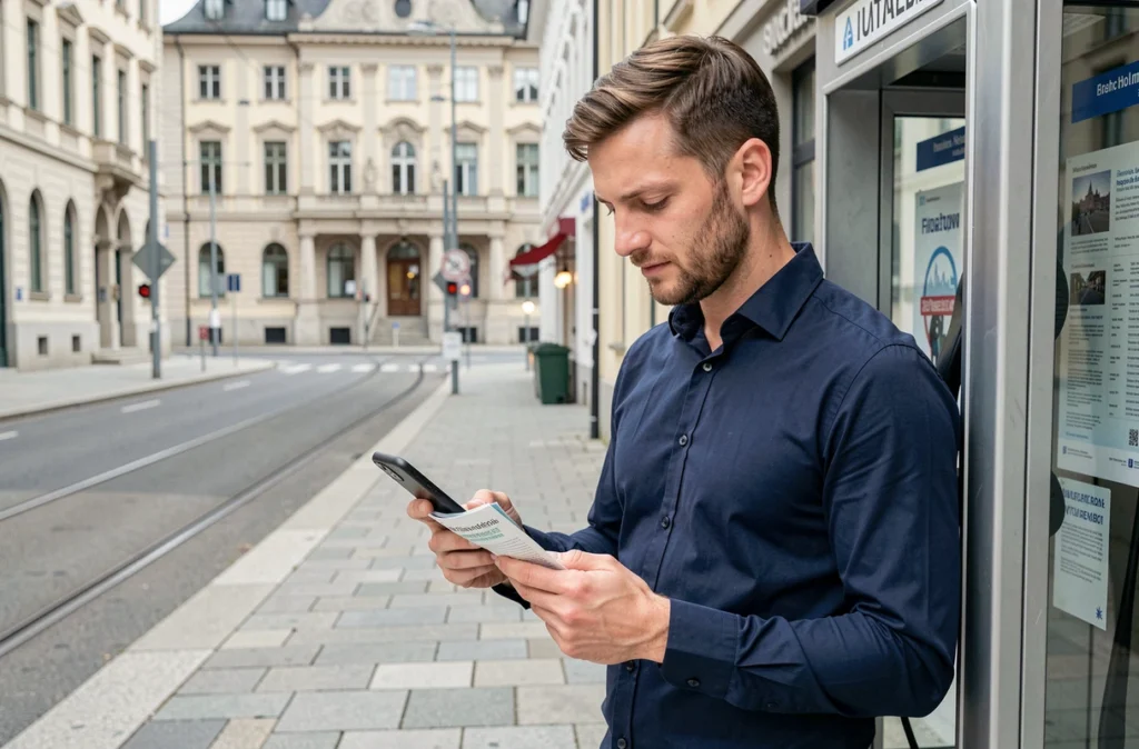 Homme consultant son smartphone sur la protection de ses données téléphoniques dans une rue de ville suisse